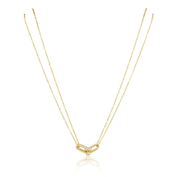 gold necklace with u link pave clasp