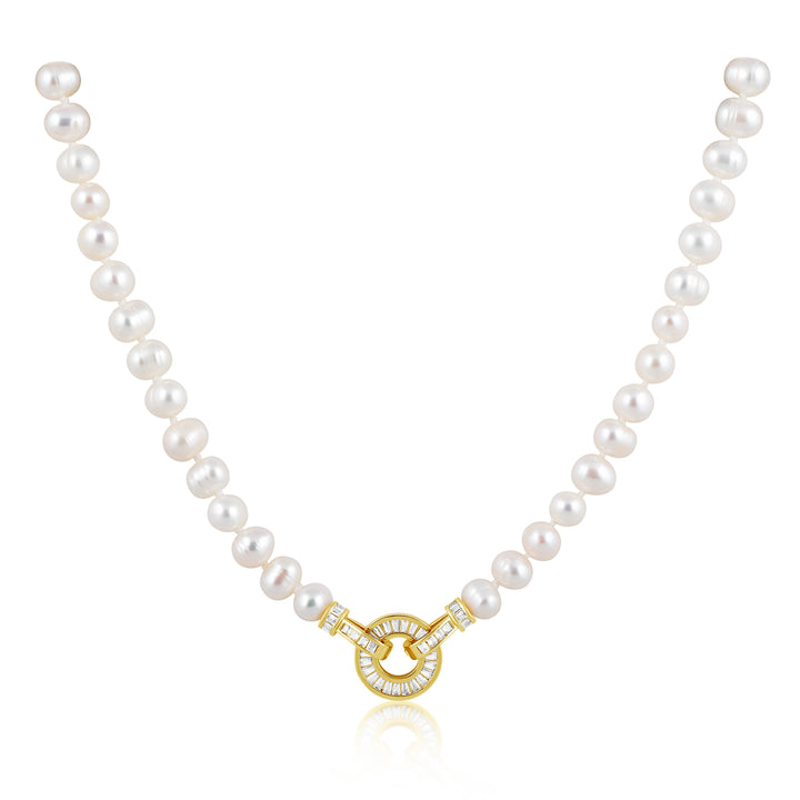 Pearl necklace with a gold clasp on a white background