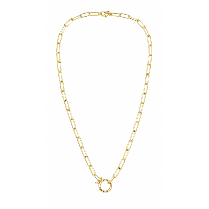 Sahira Paperclip Chain Necklace — modern 18K gold-plated paperclip link necklace with a carabiner ring centerpiece.