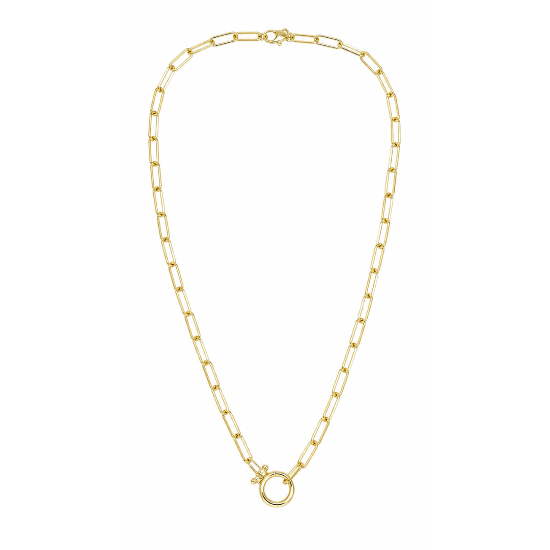 Sahira Paperclip Chain Necklace — modern 18K gold-plated paperclip link necklace with a carabiner ring centerpiece.
