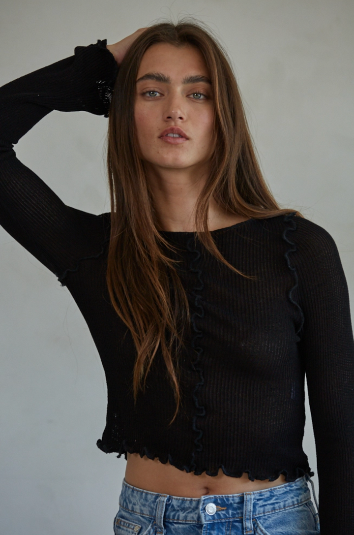 By Together Knit Rayon Nylon Rib Cropped Long Sleeve Lettuce Edge Top - Rosie Karma