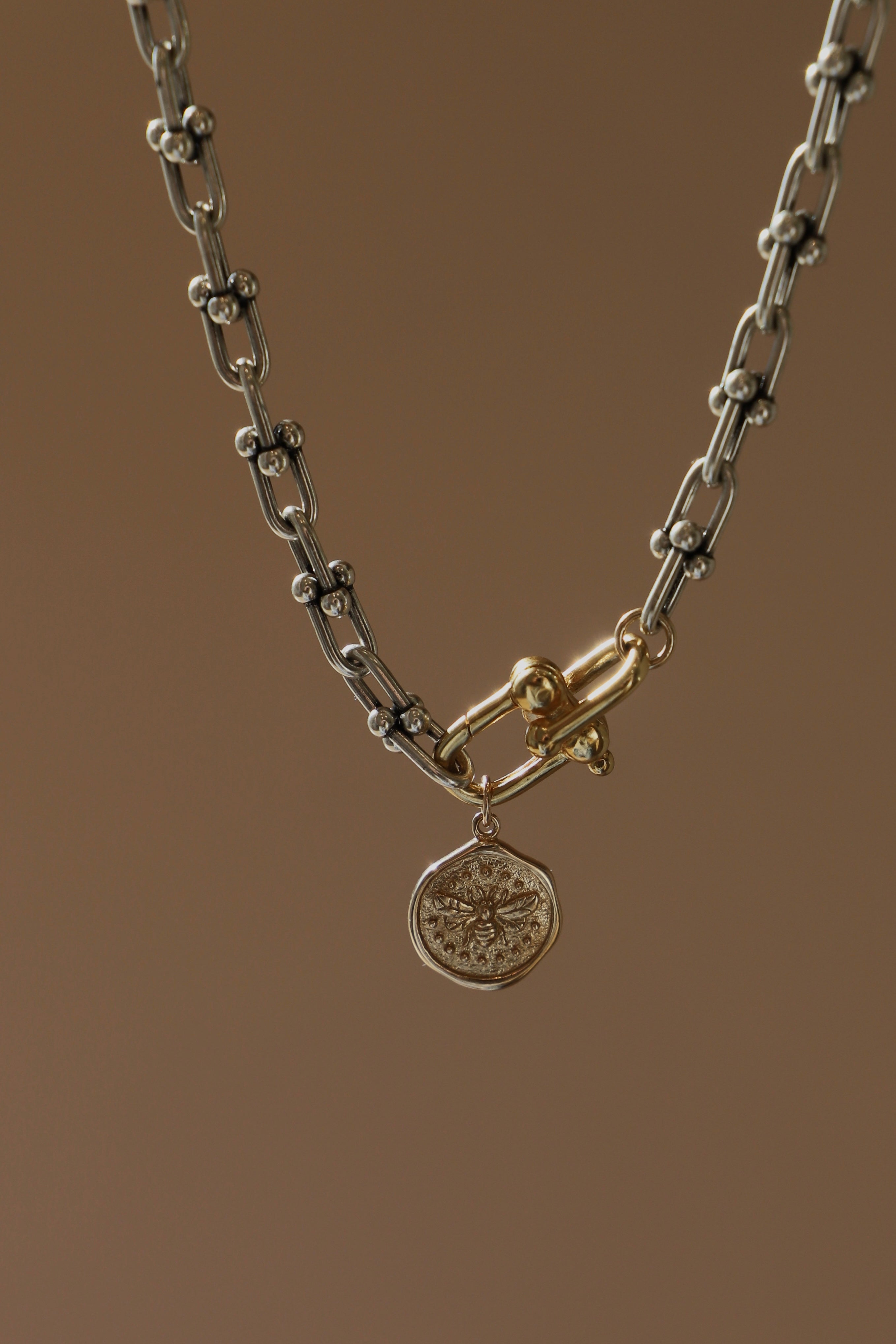 Necklace with a gold clasp and silver chain on a brown background