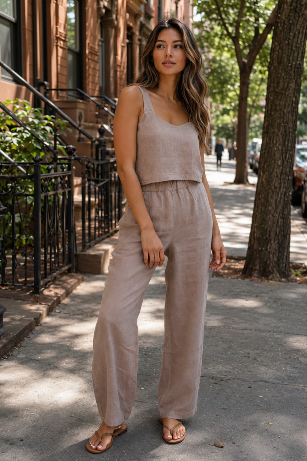 A woman stands on a city sidewalk wearing a matching sleeveless crop top and wide-leg pants set in a light taupe linen-like fabric, paired with tan sandals.