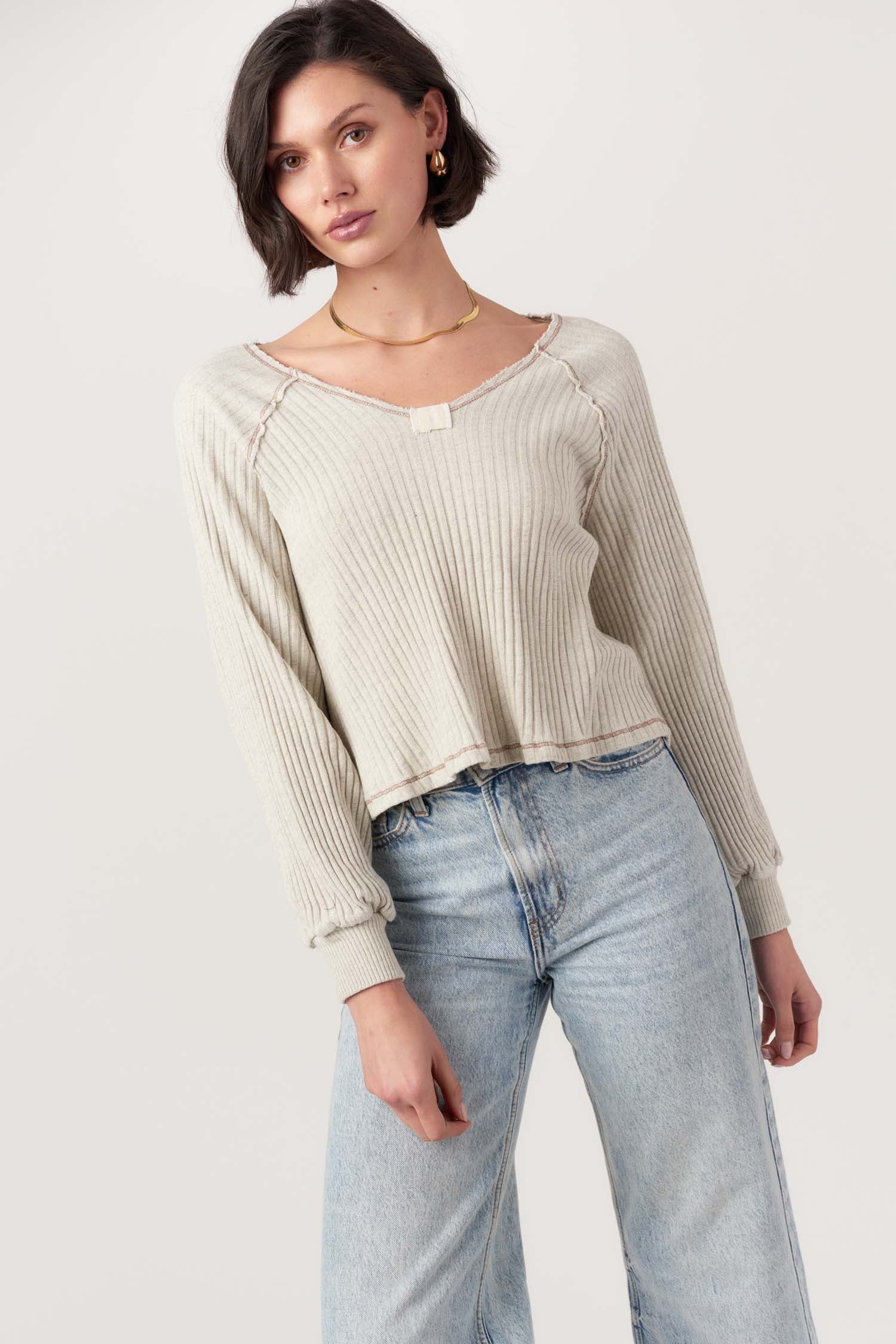 PROJECT SOCIAL T | Homebody V-Neck Rib Long Sleeve - Ash