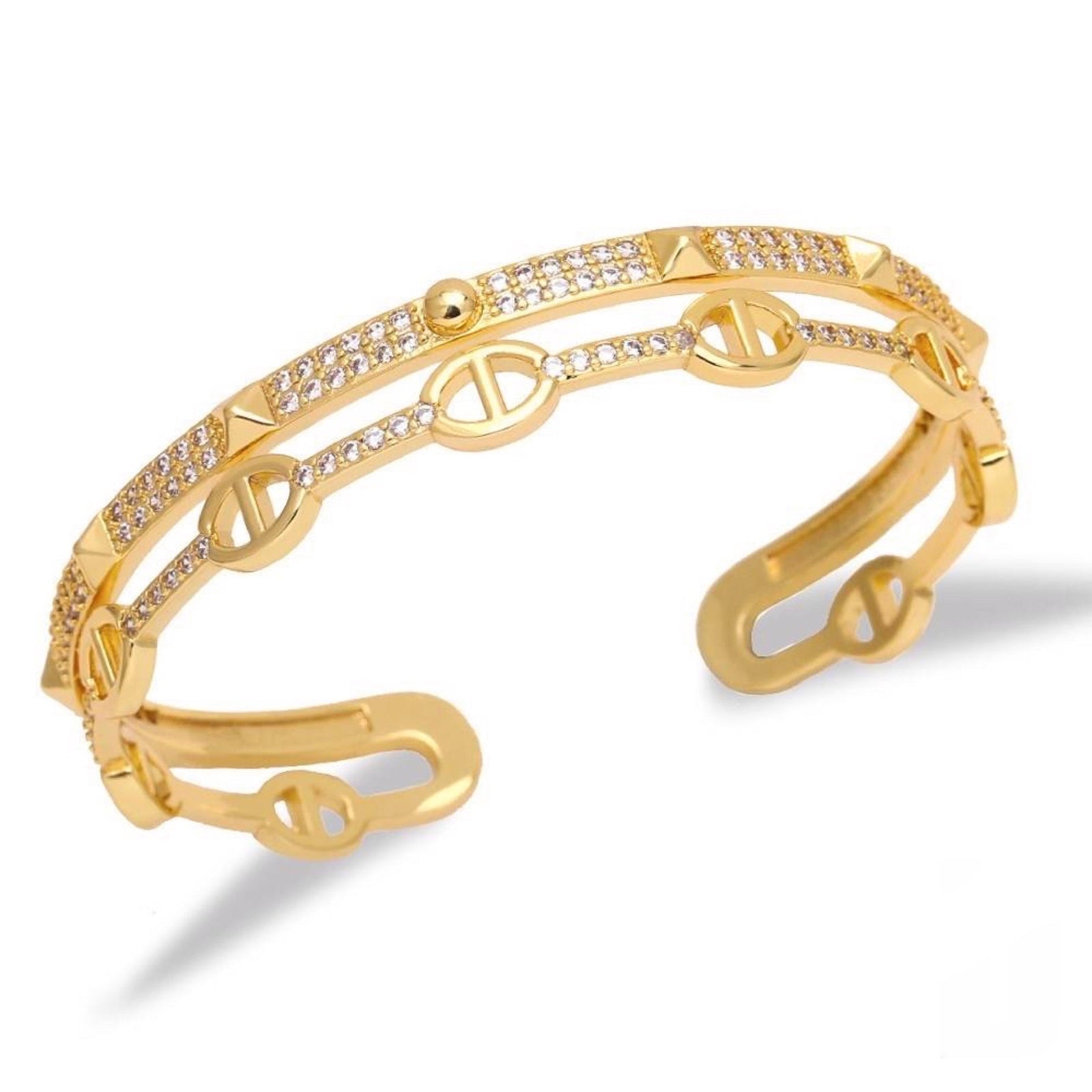 Gold bracelet with intricate designs on a white background