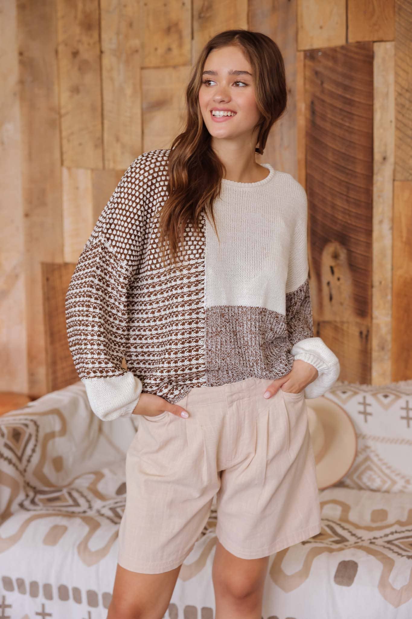 Blu Pepper Back Tie Colorblock Knit Sweater - Grey Multi - Rosie Karma