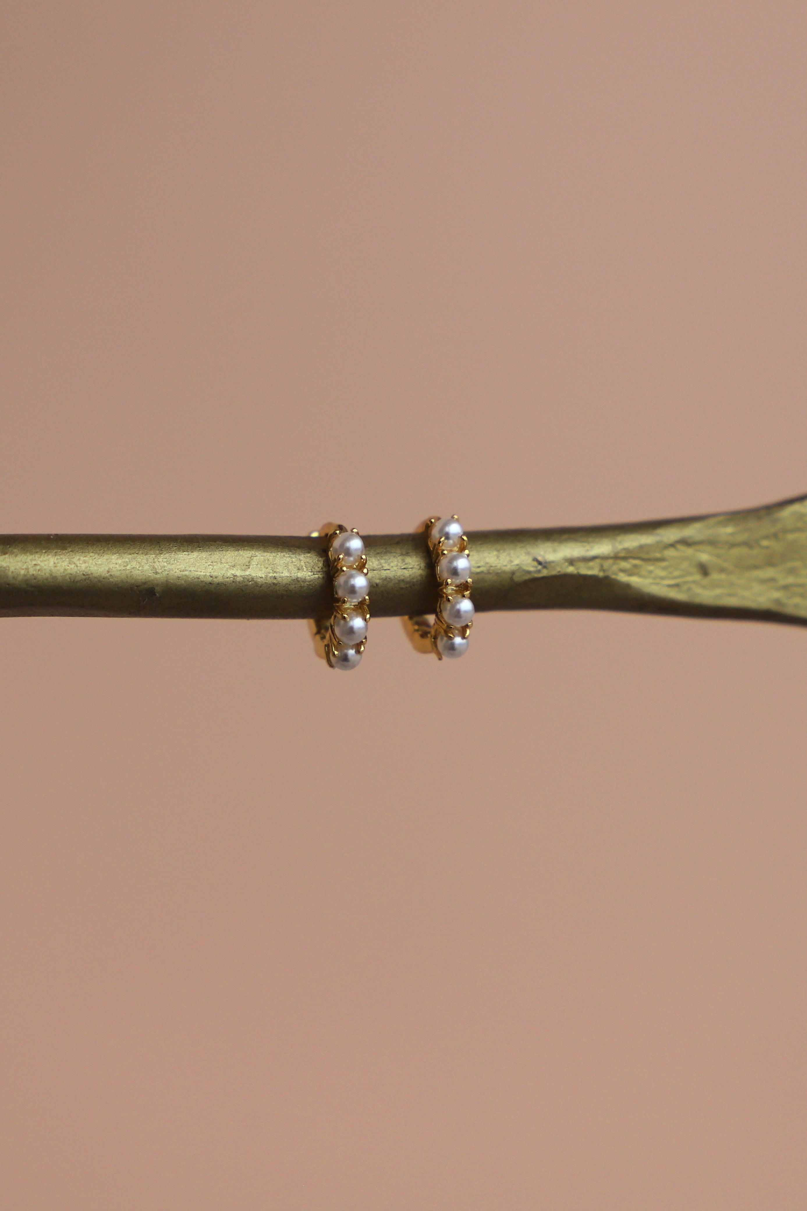 Gold hoop earrings with pearls on a branch against a beige background