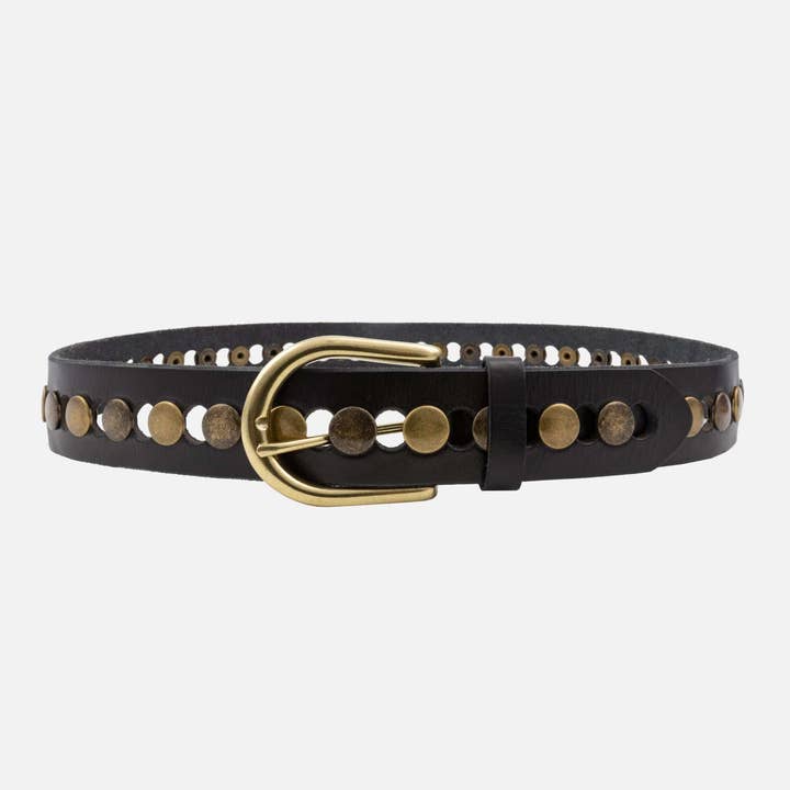 Leather belt with gold studs and buckle on a white background
