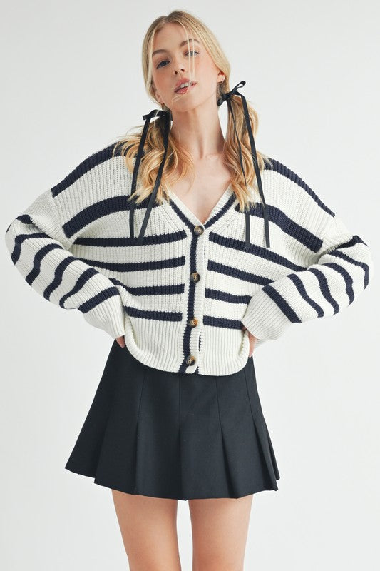 Bona Striped Cardigan for women with bold stripe pattern, button closure, rib detailing, cotton-acrylic blend, perfect for fall and winter layering.