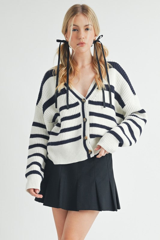 Bona Striped Cardigan for women with bold stripe pattern, button closure, rib detailing, cotton-acrylic blend, perfect for fall and winter layering.