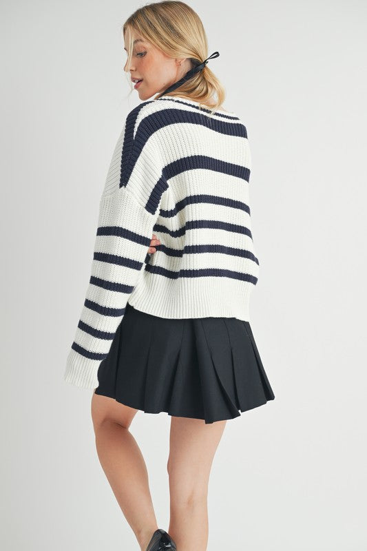 Bona Striped Cardigan for women with bold stripe pattern, button closure, rib detailing, cotton-acrylic blend, perfect for fall and winter layering.