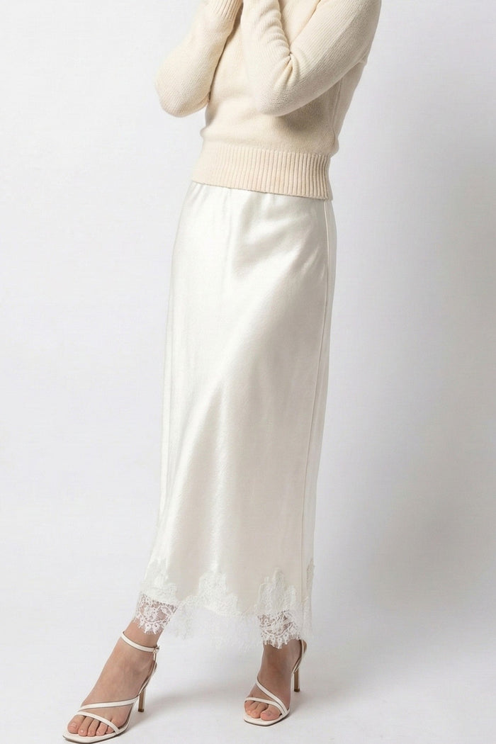 Satin Midi Skirt with Lace Trim · Cream
