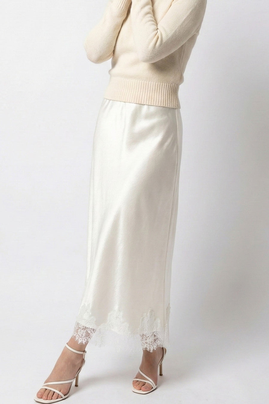 Satin Midi Skirt with Lace Trim · Cream