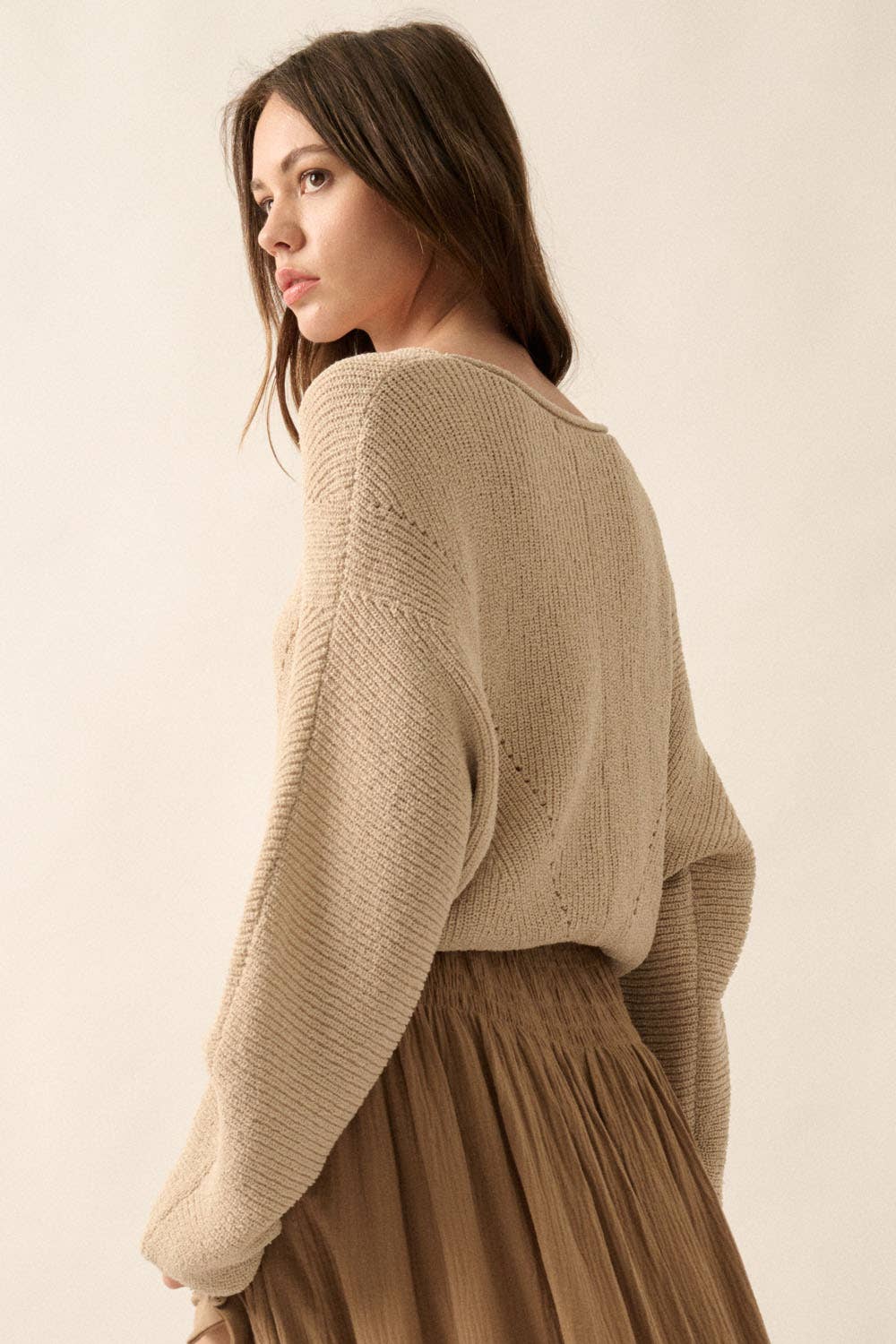 Promesa Solid Rib-Knit Dolman-Sleeve Sweater: Oatmeal - Rosie Karma