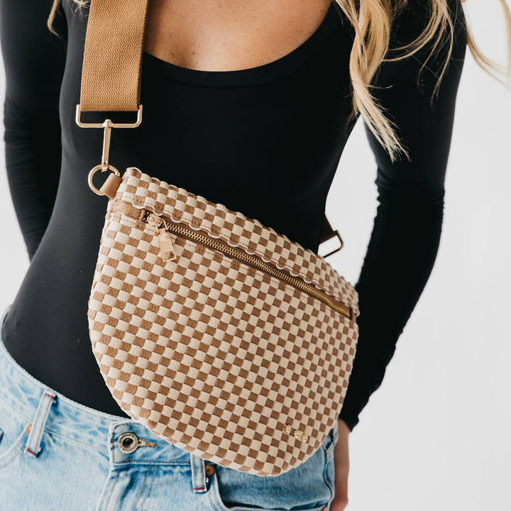 Westlyn Woven Bum Bag – Checkered Tan Vegan Leather Crossbody with 3 Sister Studs | Chic Boutique Fanny Pack
