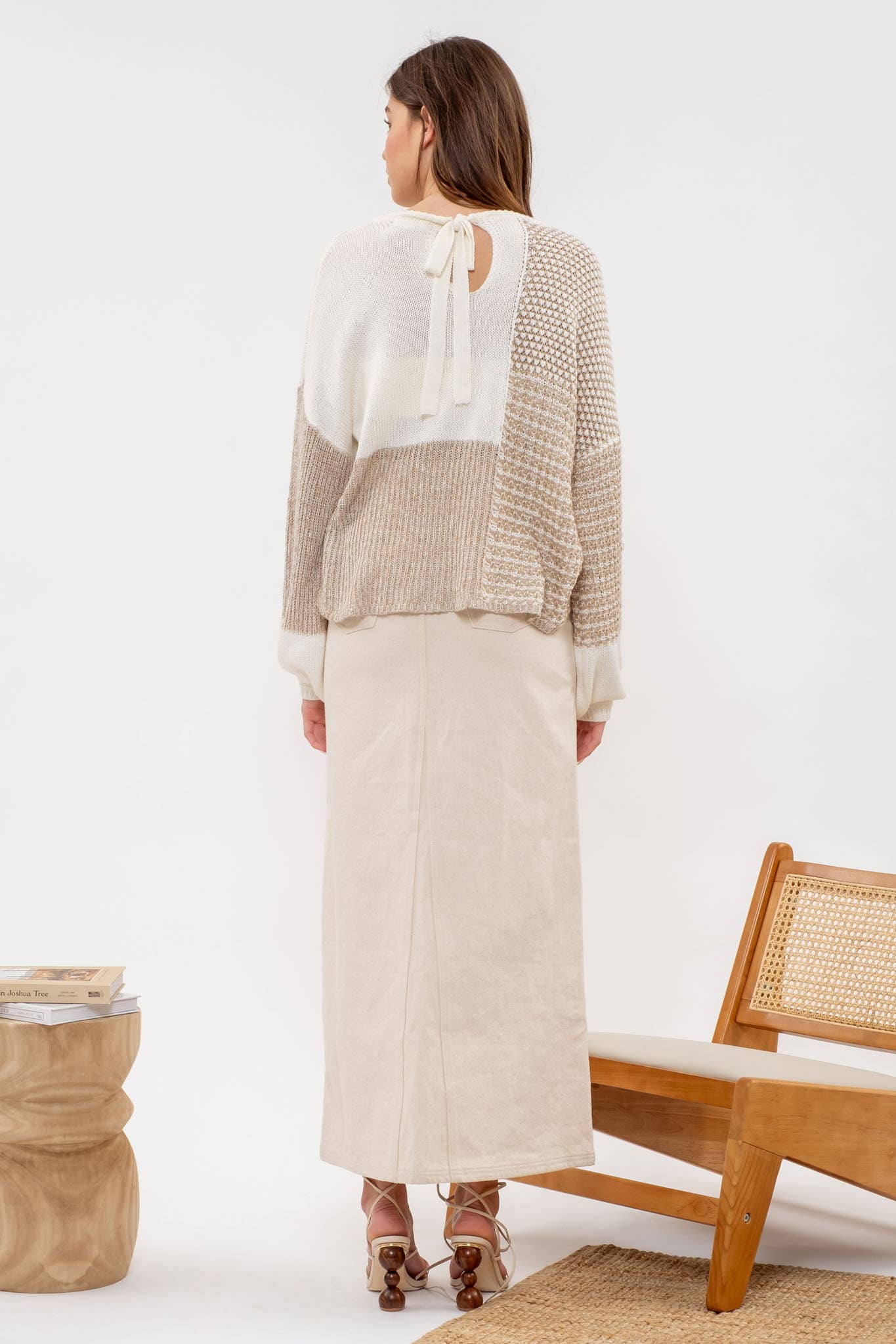 Blu Pepper Back Tie Colorblock Knit Sweater: Taupe Multi - Rosie Karma
