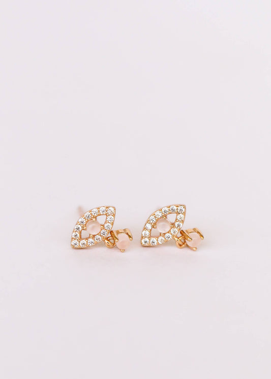 JaxKelly Evil Eye Drop - Rose Quartz - Gold Earrings