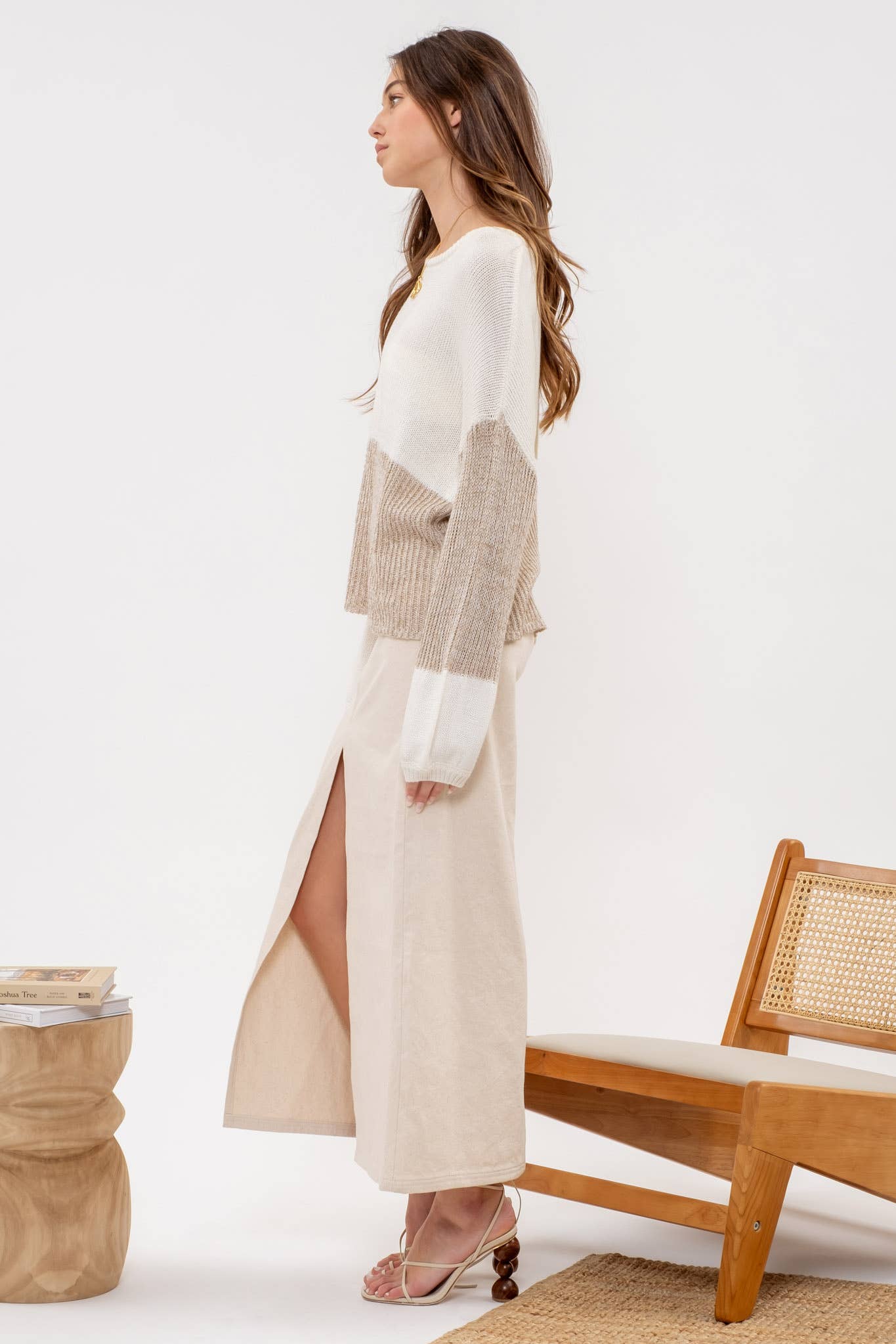 Blu Pepper Back Tie Colorblock Knit Sweater: Taupe Multi - Rosie Karma