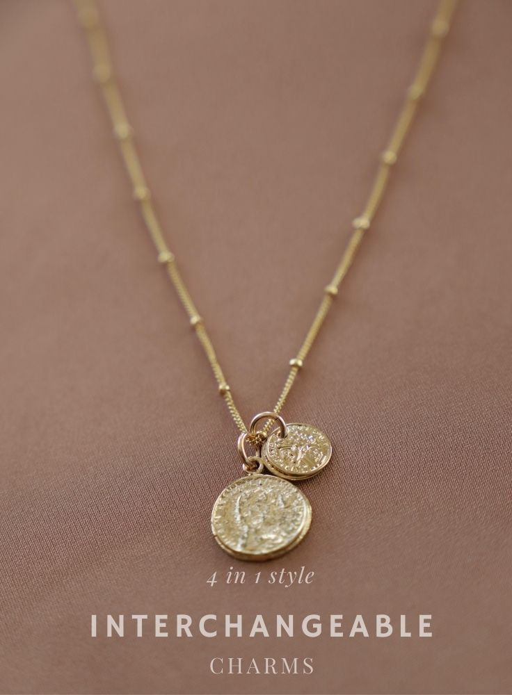 Close up Gold filled satellite cable chain necklace with two interchangeable gold plate brass coin charms, shown in multiple styling options for versatile wear.
