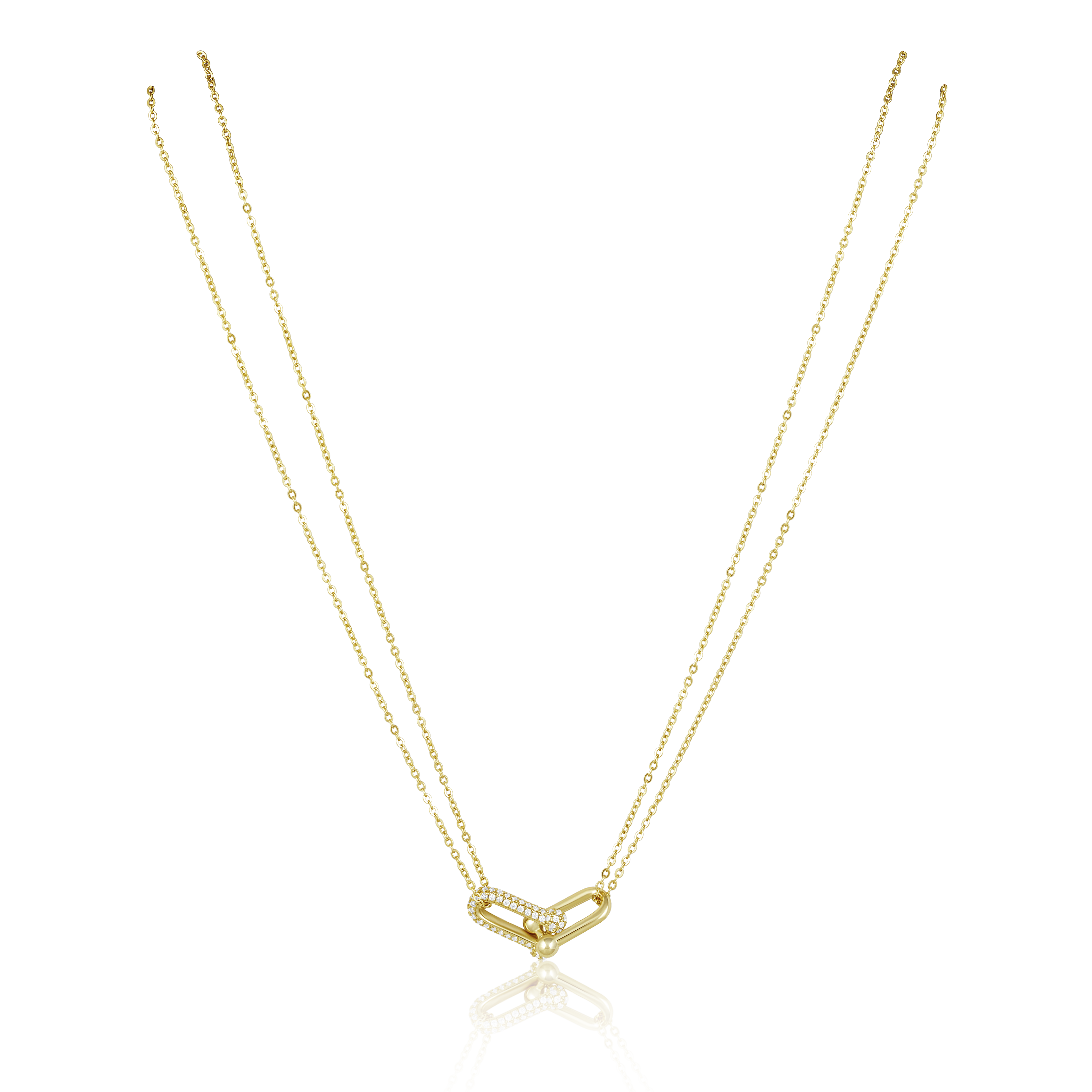 gold necklace with u link pave clasp