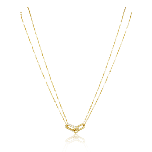 gold necklace with u link pave clasp