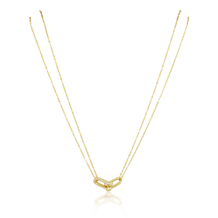 gold necklace with u link pave clasp
