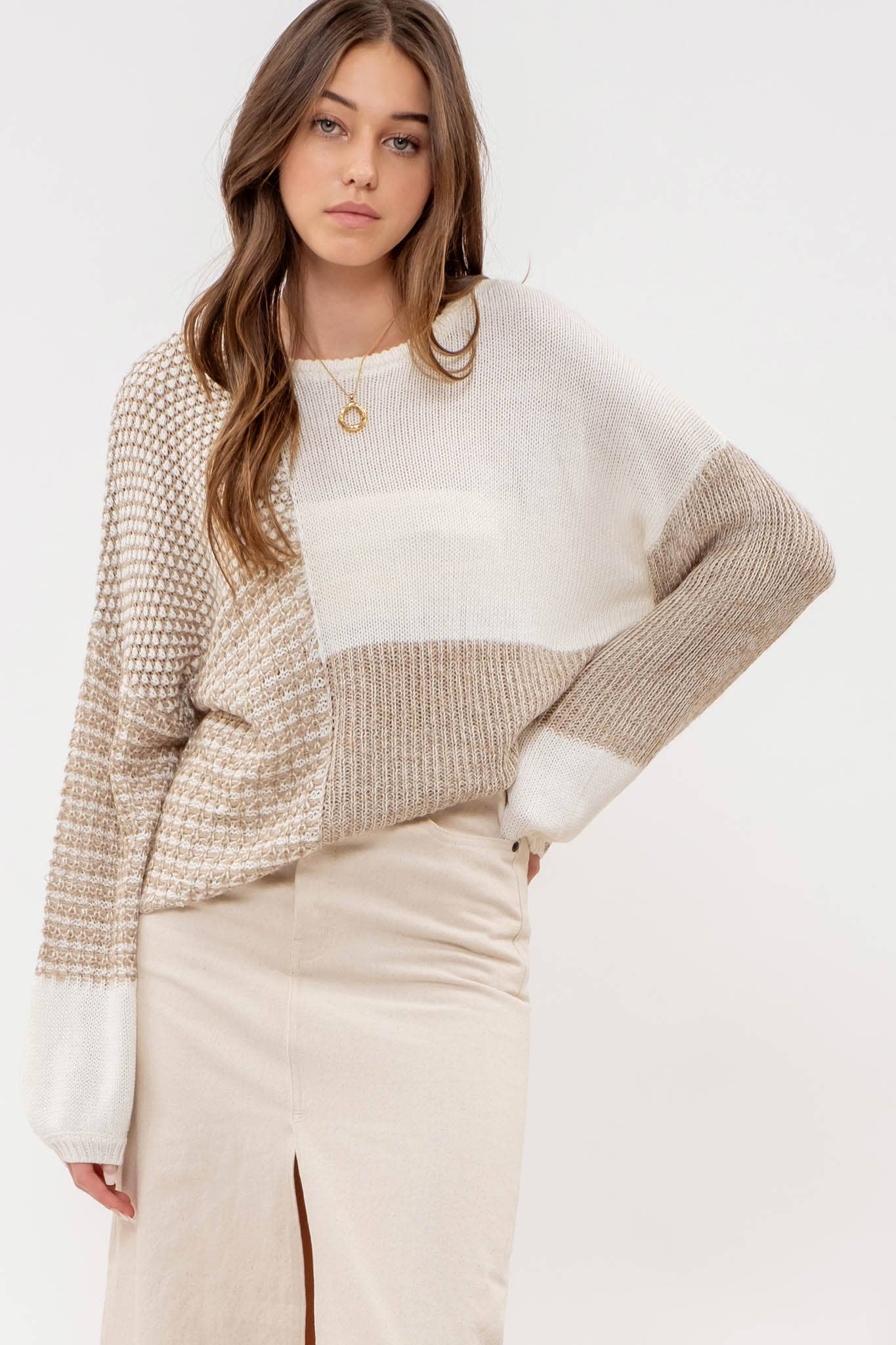 Blu Pepper Back Tie Colorblock Knit Sweater: Taupe Multi - Rosie Karma