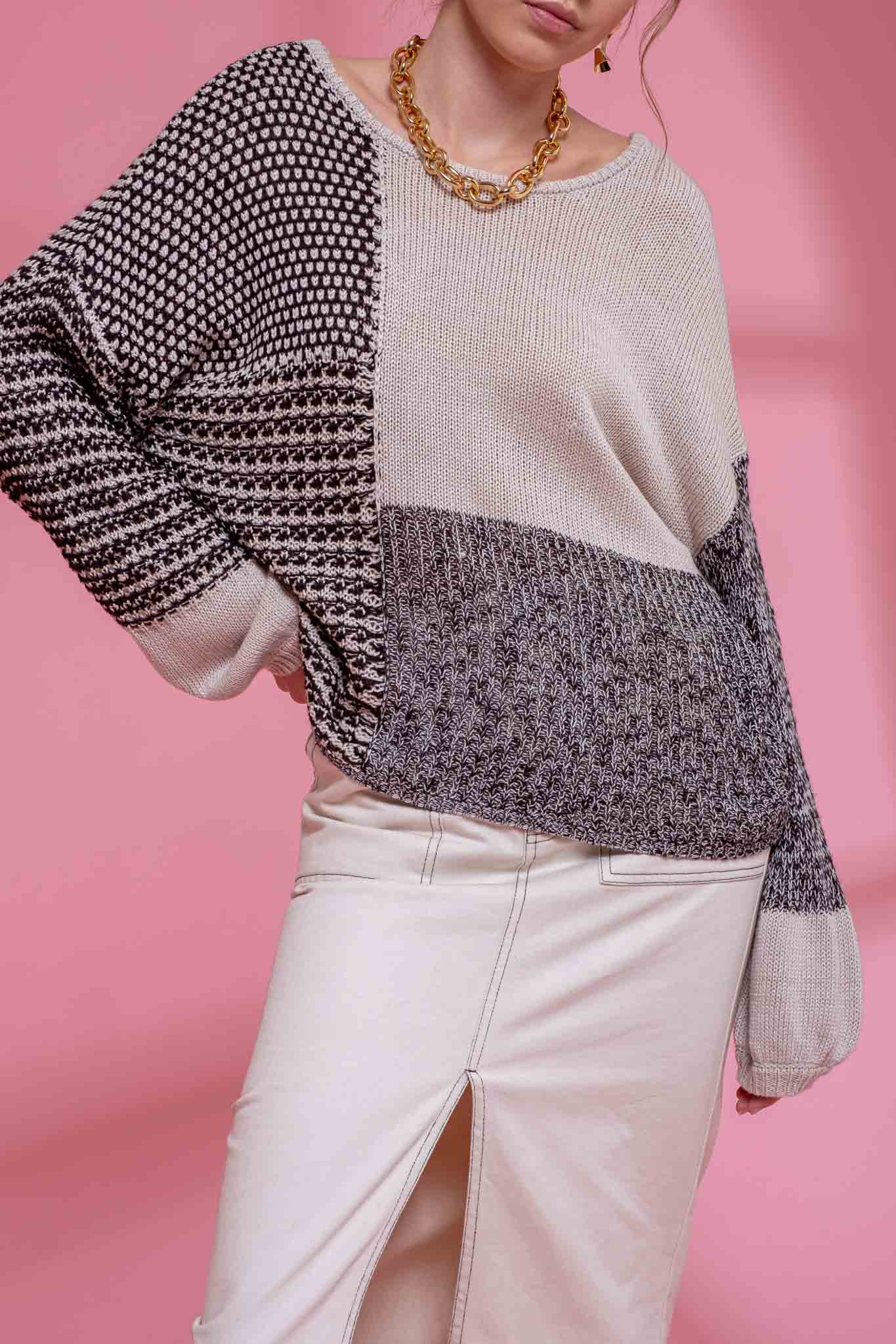 Blu Pepper Back Tie Colorblock Knit Sweater - Grey Multi - Rosie Karma