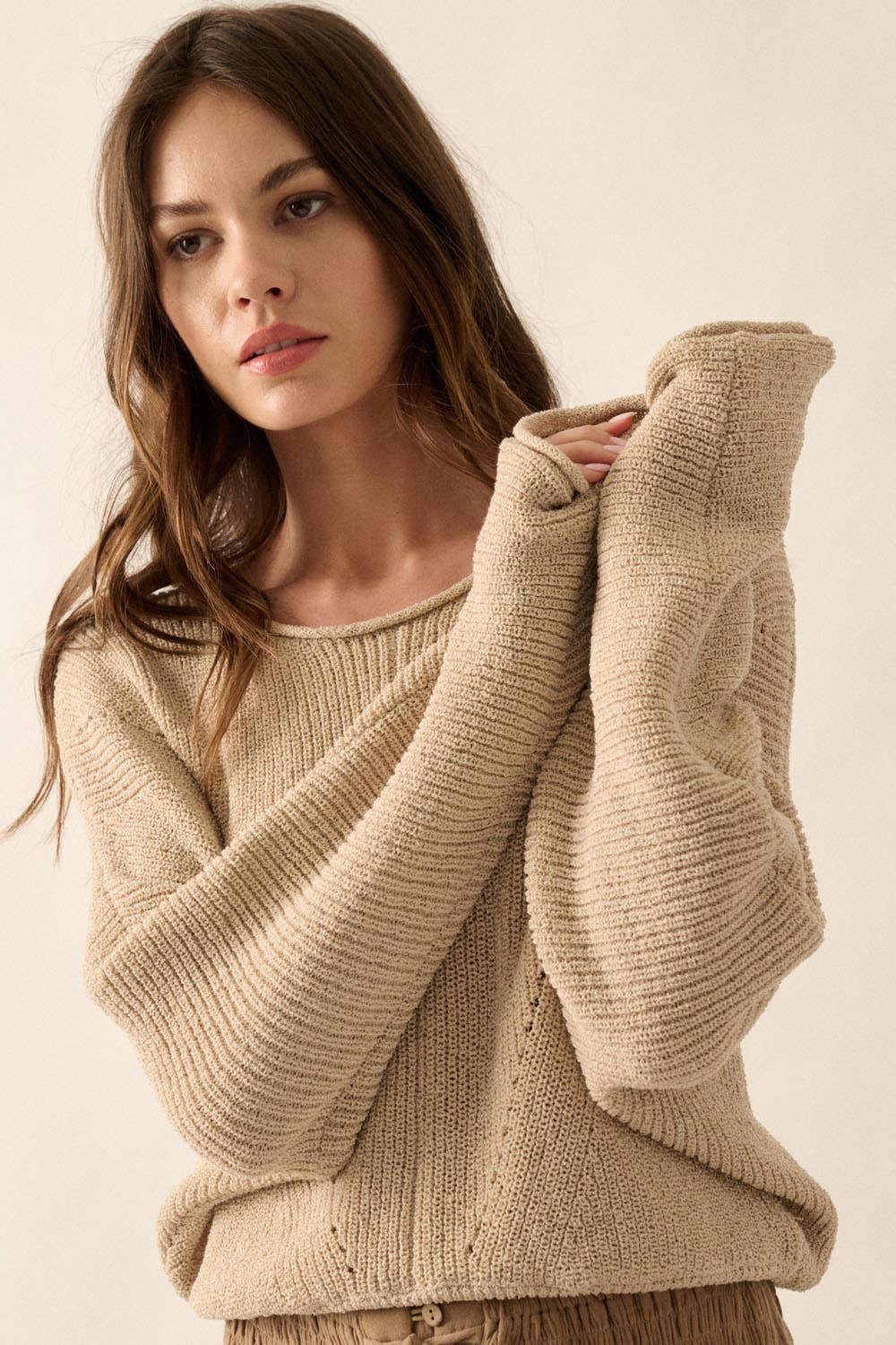 Promesa Solid Rib-Knit Dolman-Sleeve Sweater: Oatmeal - Rosie Karma