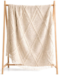 Handmade boho throw blanket with textured diamond pattern and fringe