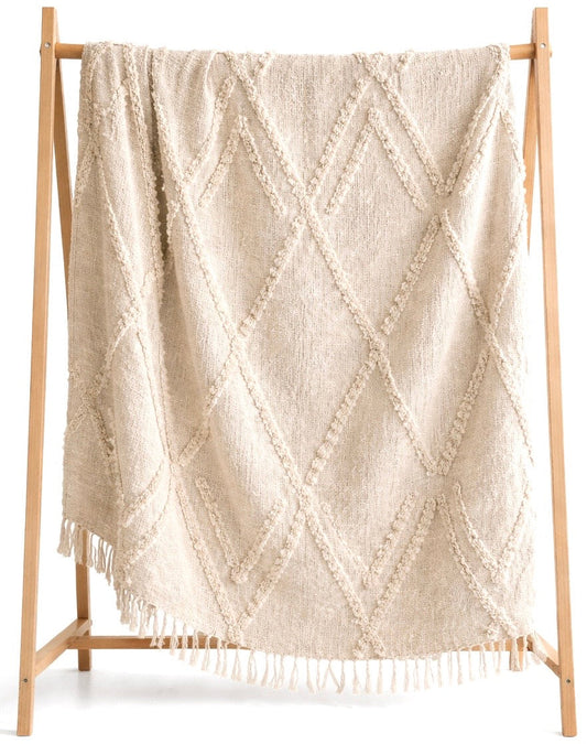Handmade boho throw blanket with textured diamond pattern and fringe
