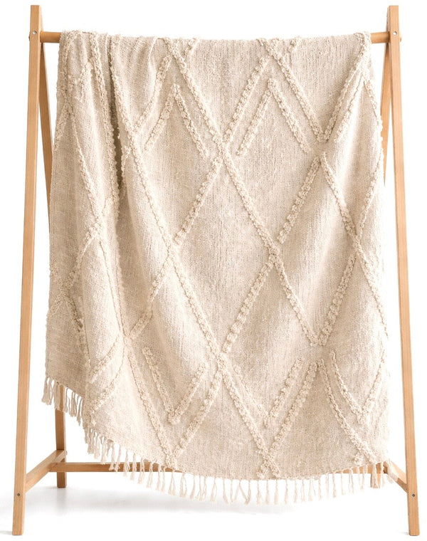 Handmade boho throw blanket with textured diamond pattern and fringe