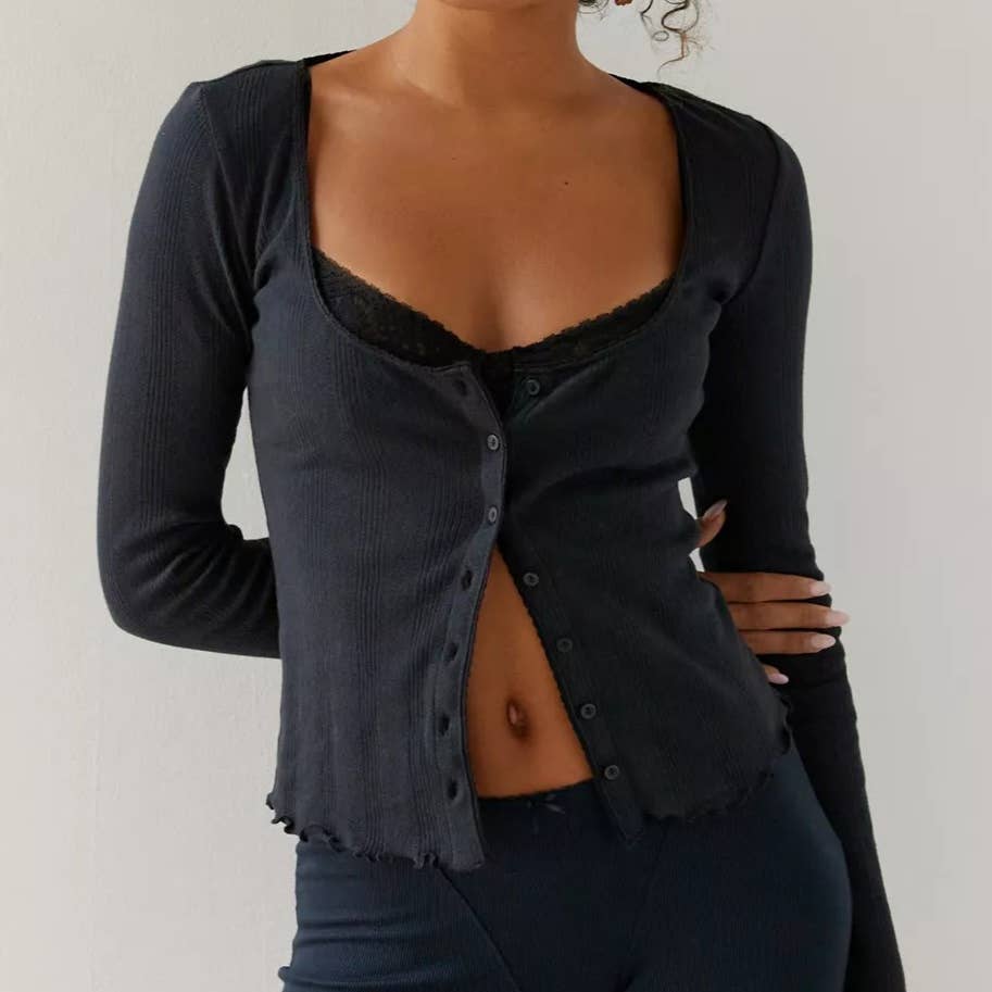 Woman wearing long sleeve cardigan and pajama shorts set – chic loungewear Rosie Karma