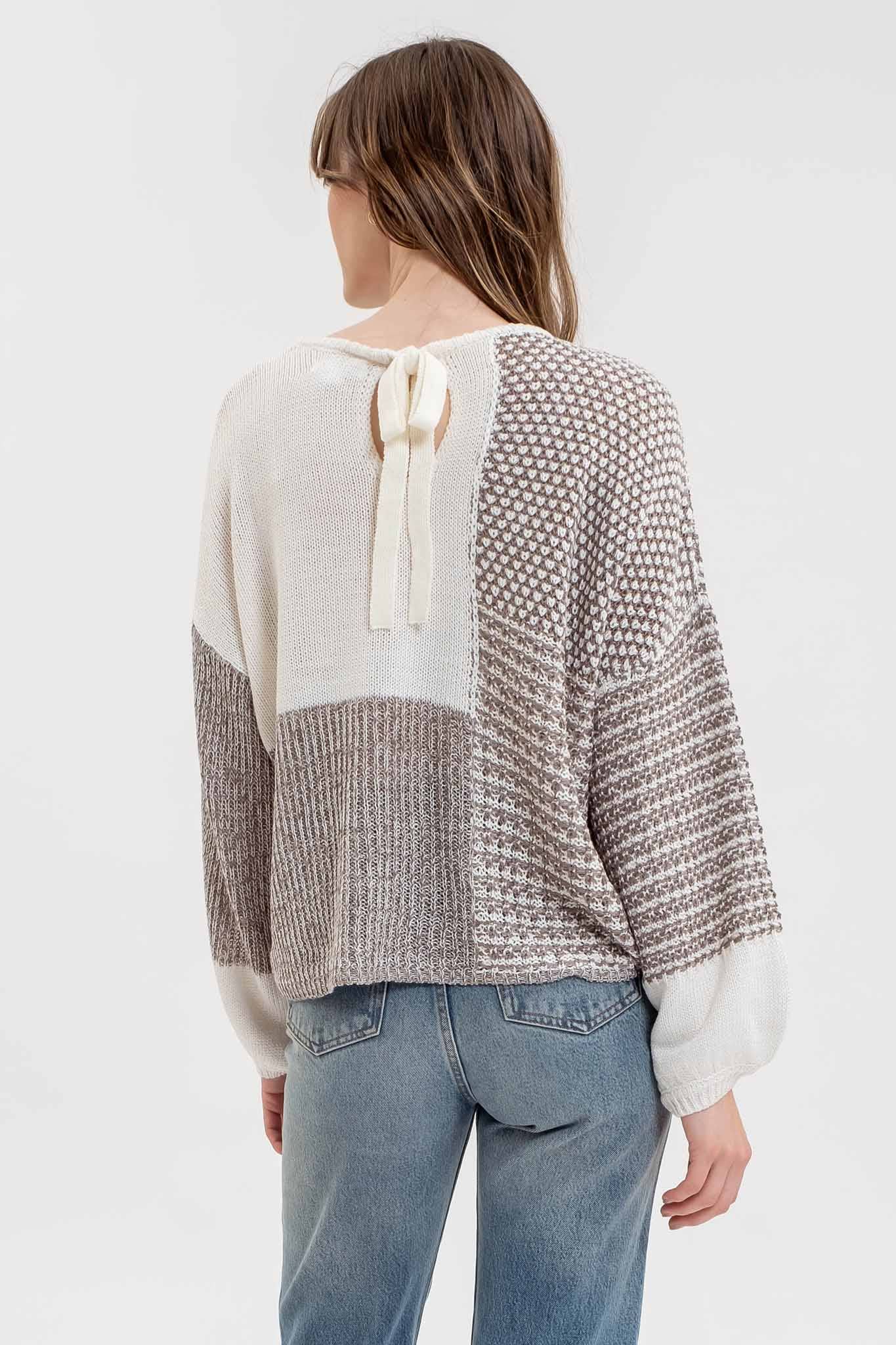 Blu Pepper Back Tie Colorblock Knit Sweater - Grey Multi - Rosie Karma