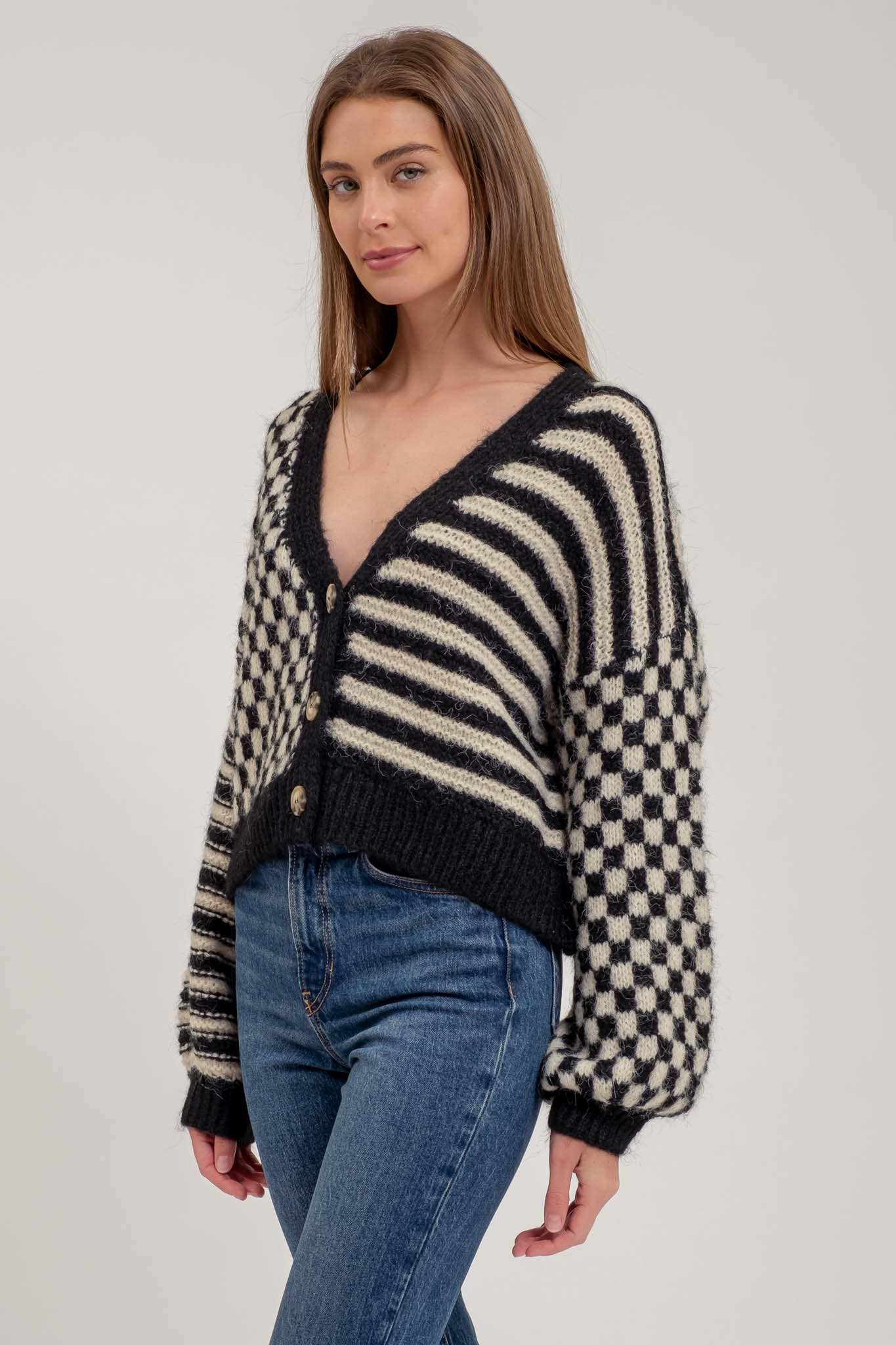 Blu Pepper Stripe and Checkered Drop Shoulder Knit Cardigan - Rosie Karma