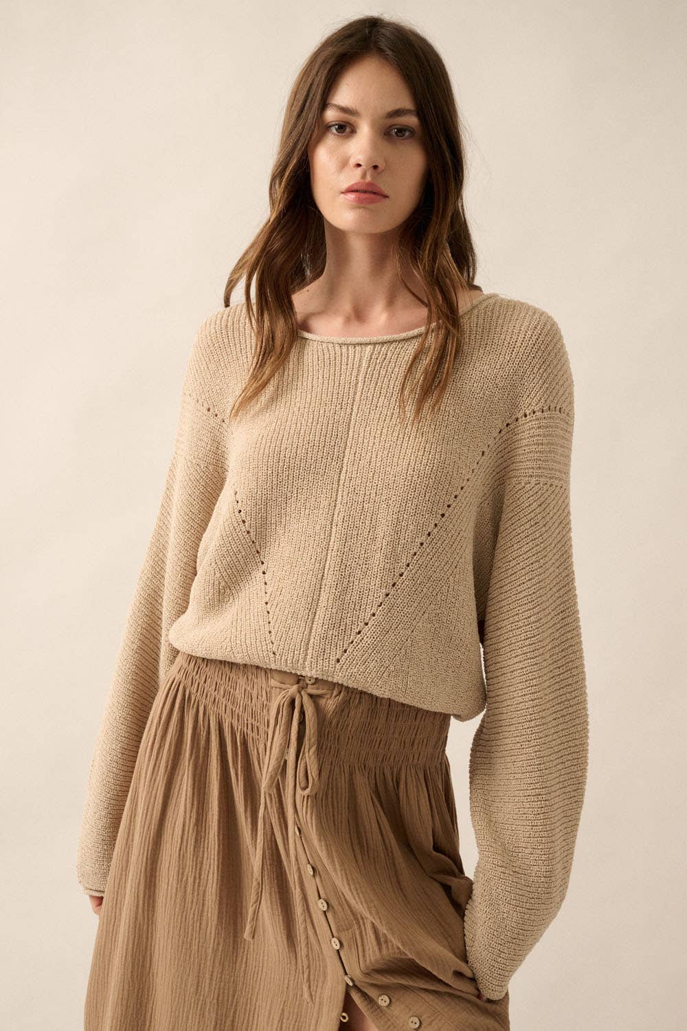 Promesa Solid Rib-Knit Dolman-Sleeve Sweater: Oatmeal - Rosie Karma