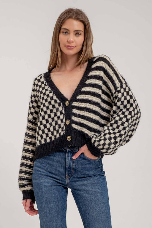 Blu Pepper Stripe and Checkered Drop Shoulder Knit Cardigan - Rosie Karma
