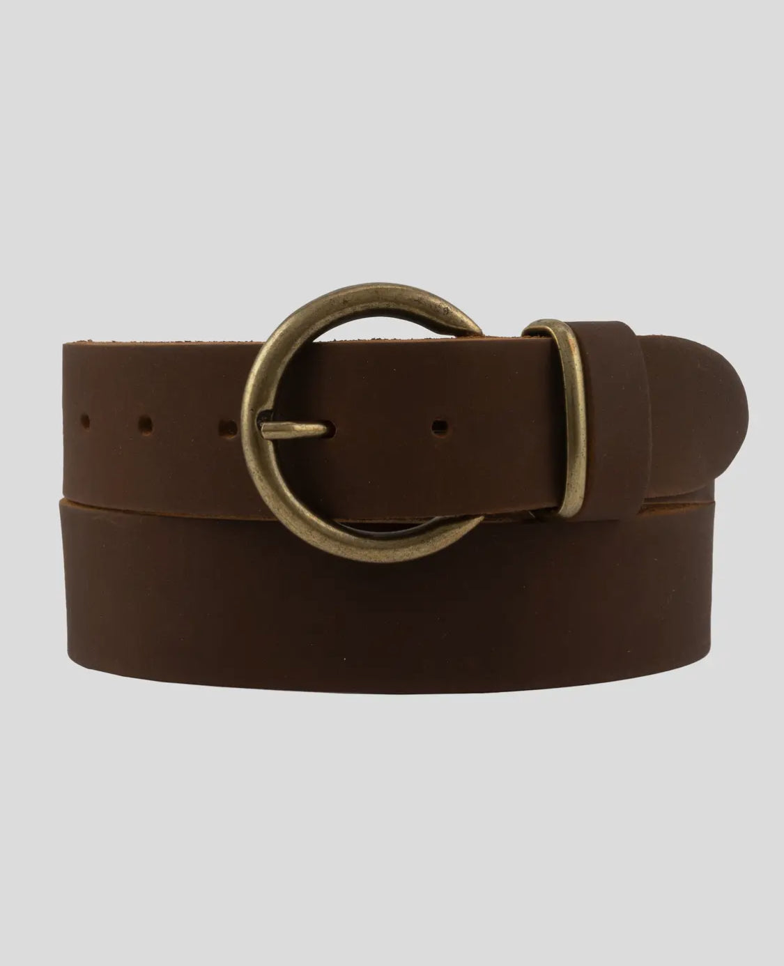 Brown leather belt with a gold buckle on a light gray background