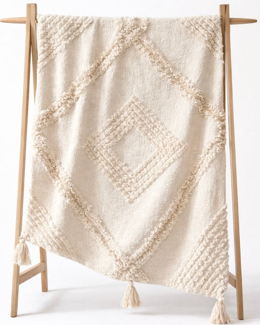 Textured shag woven beige throw blanket close-up detail