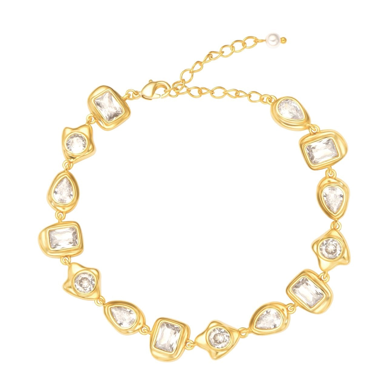 Gold necklace with clear gemstones on a white background