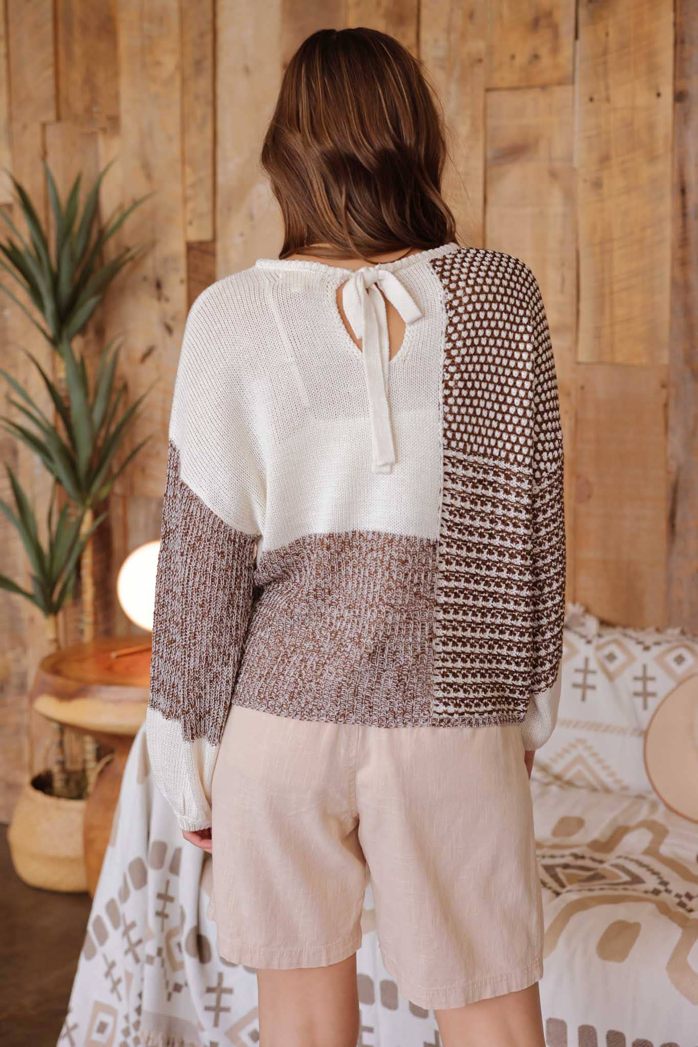 Blu Pepper Back Tie Colorblock Knit Sweater - Grey Multi - Rosie Karma