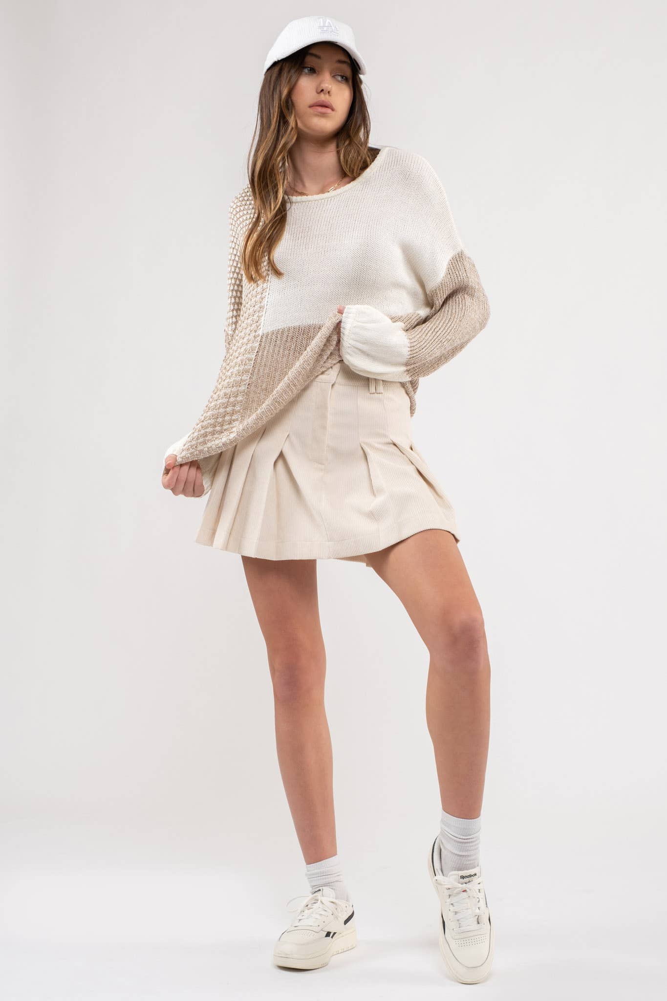 Blu Pepper Back Tie Colorblock Knit Sweater: Taupe Multi - Rosie Karma