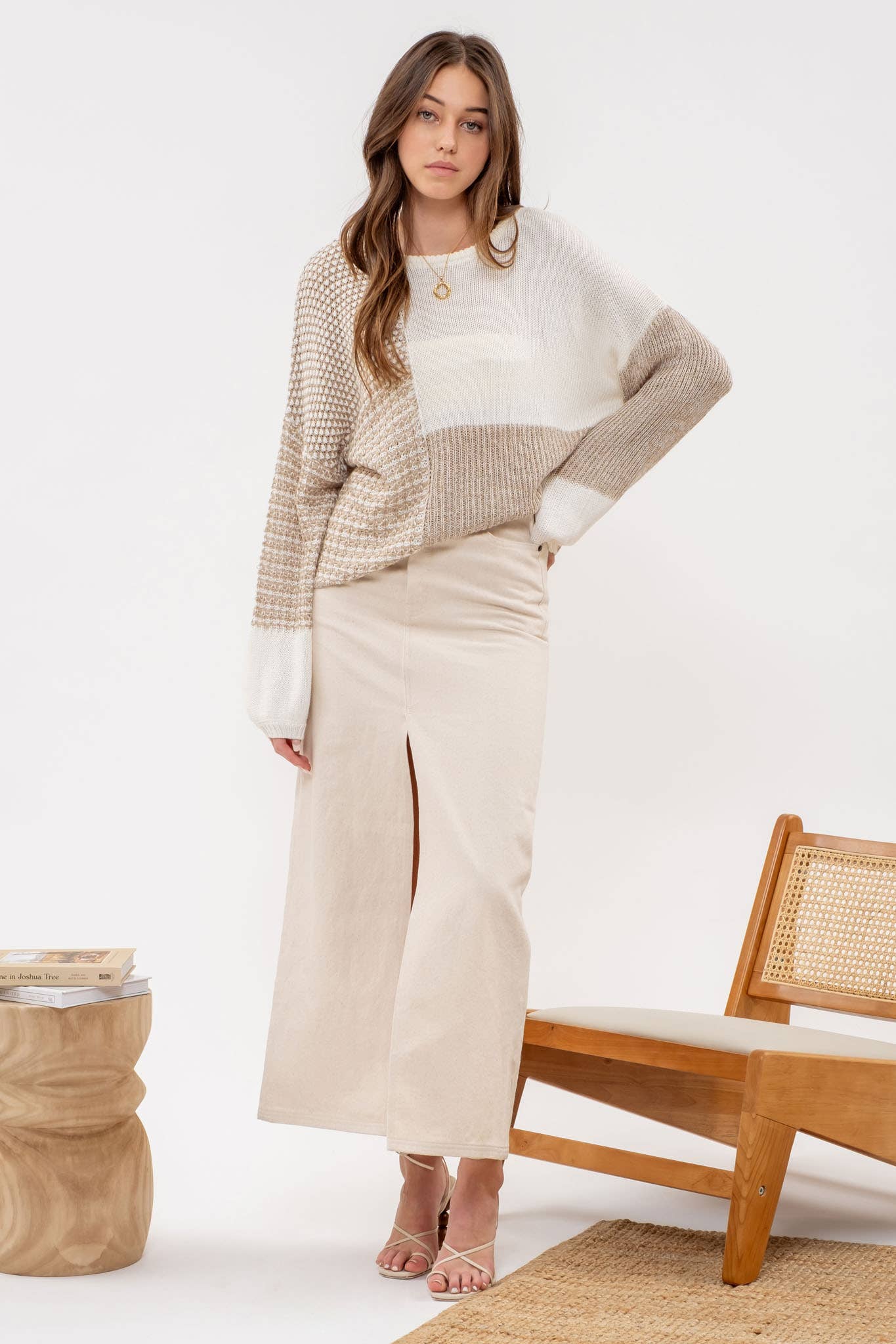 Blu Pepper Back Tie Colorblock Knit Sweater: Taupe Multi - Rosie Karma