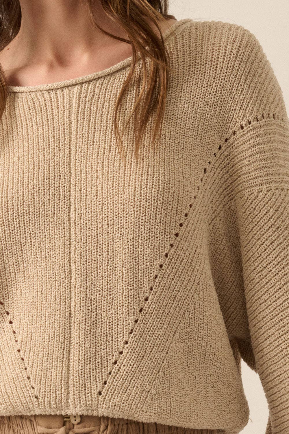 Promesa Solid Rib-Knit Dolman-Sleeve Sweater: Oatmeal - Rosie Karma