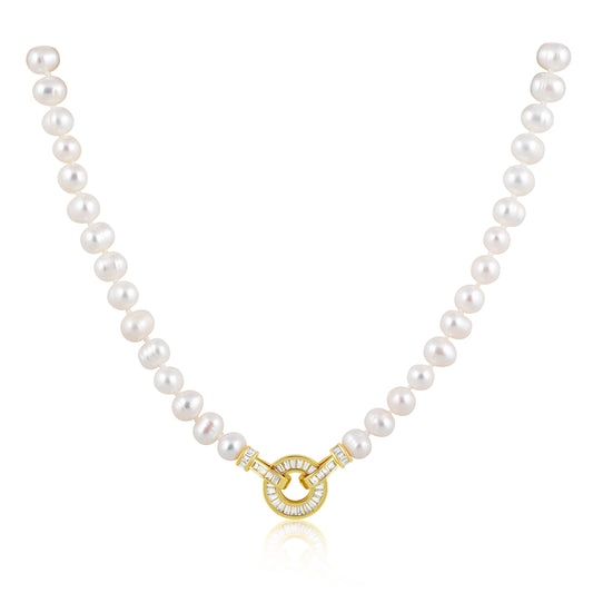 Pearl necklace with a gold clasp on a white background