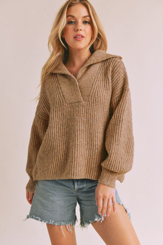 Danae Knit Sweater with henley neckline, balloon sleeves, and loose fit in thick cozy yarn – sporty chic style with pocket detail