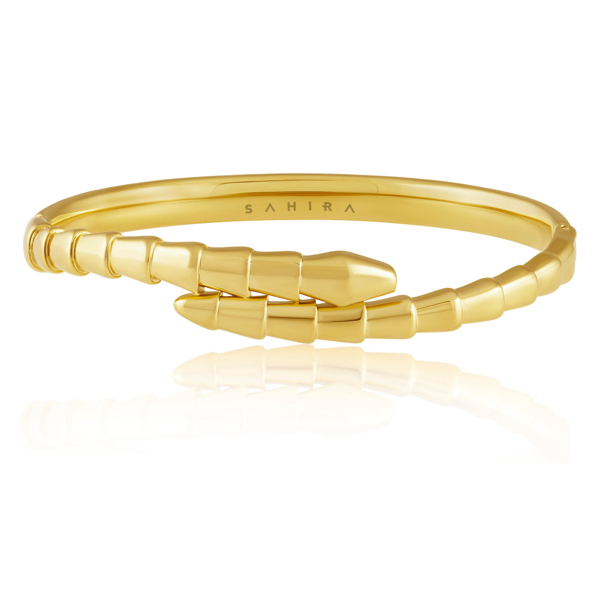 Gold bracelet with bamboo design on a white background