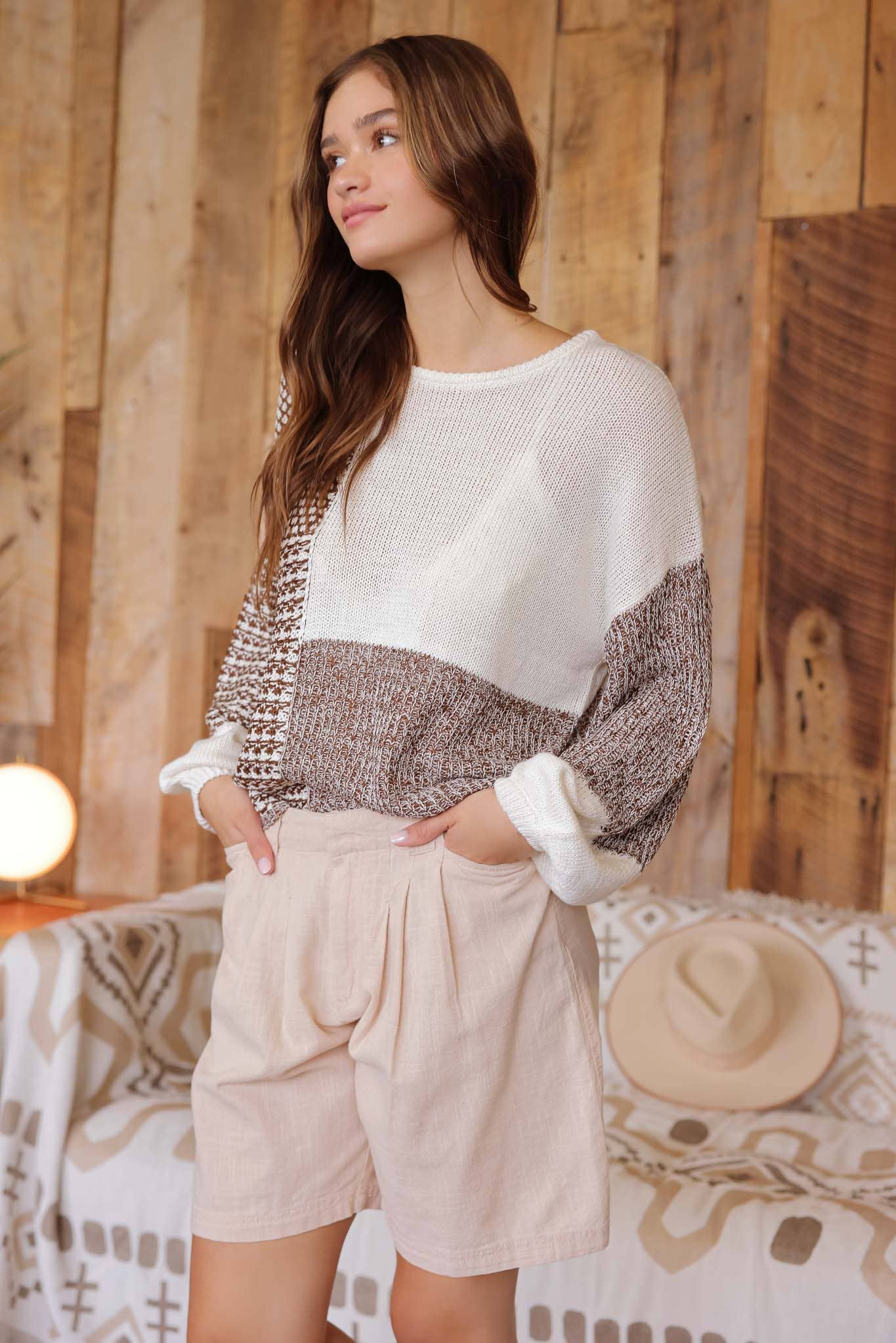 Blu Pepper Back Tie Colorblock Knit Sweater - Grey Multi - Rosie Karma