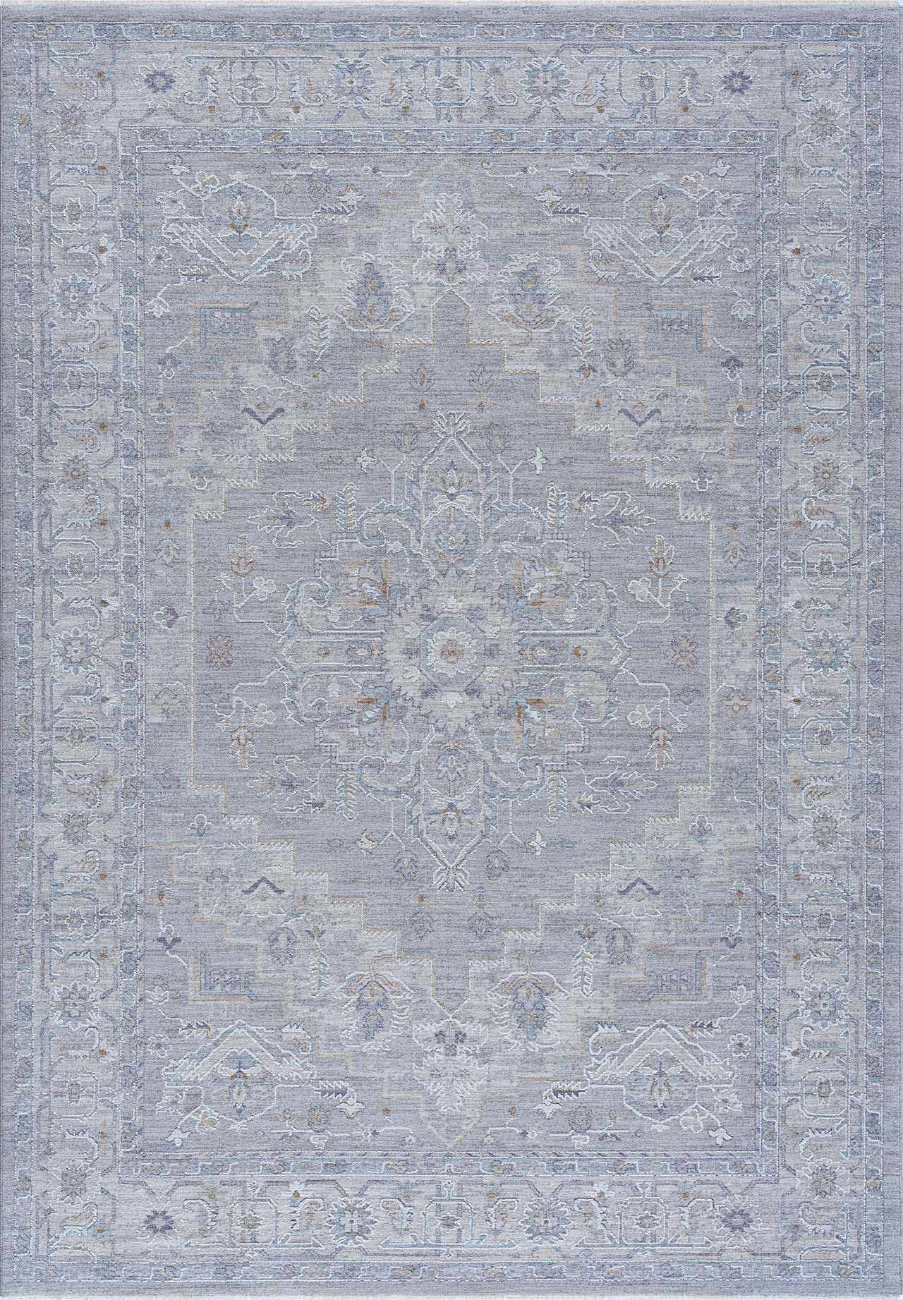 Gray area rug with a subtle pattern on a plain background