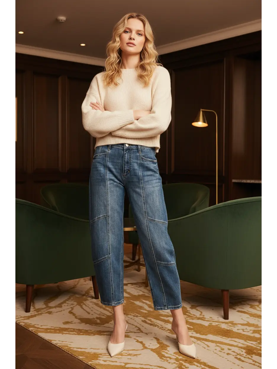 Medium-wash High Rise Relaxed Barrel Jeans, showing the curved leg and tapered hem